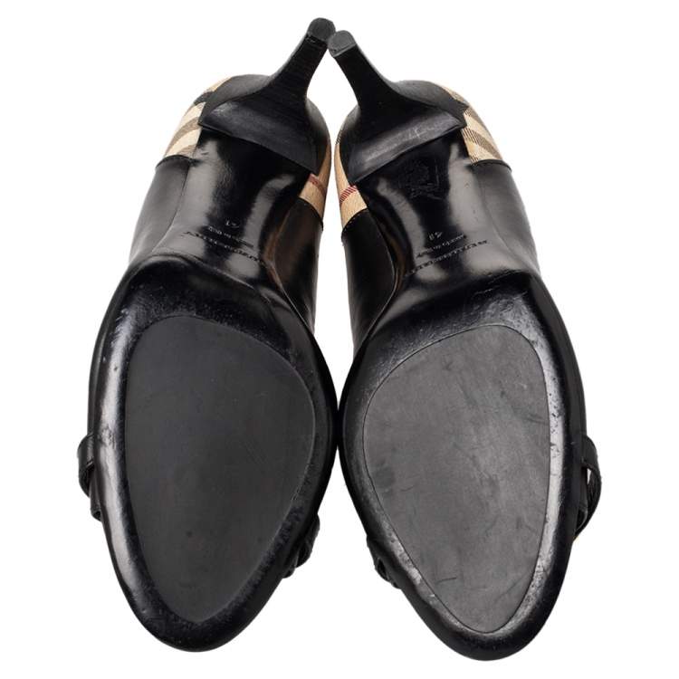 Pre Owned Burberry Black Leather And Check Coated Canvas Embellished Open Toe Pumps Size 41