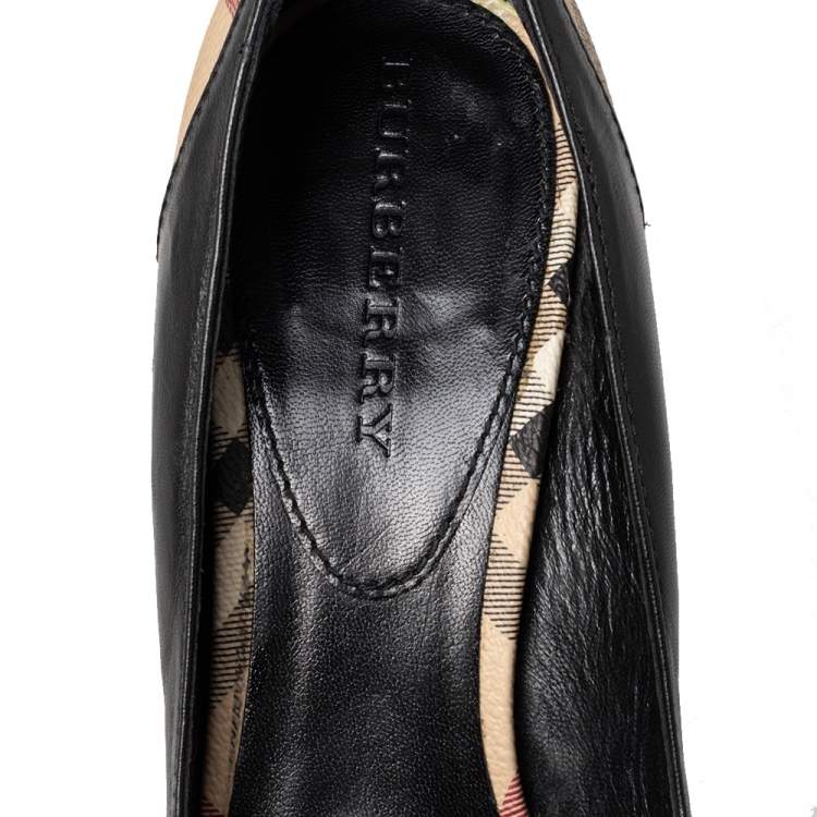 Pre Owned Burberry Black Leather And Check Coated Canvas Embellished Open Toe Pumps Size 41