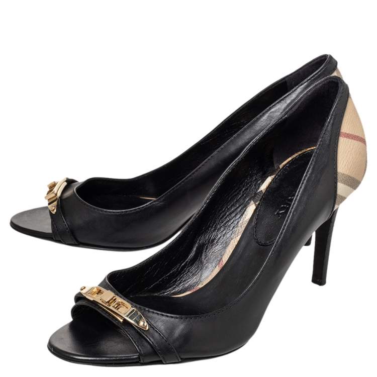 Pre Owned Burberry Black Leather And Check Coated Canvas Embellished Open Toe Pumps Size 41