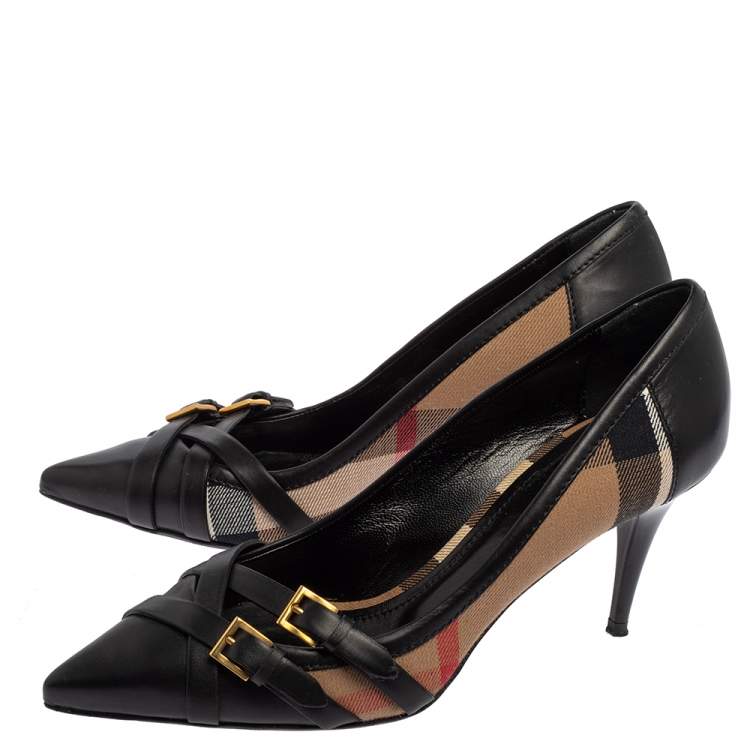 Pre Owned Burberry Black/Beige Nova check Canvas And Leather Pumps Size 38