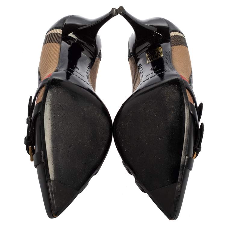 Pre Owned Burberry Black/Beige Nova check Canvas And Leather Pumps Size 38
