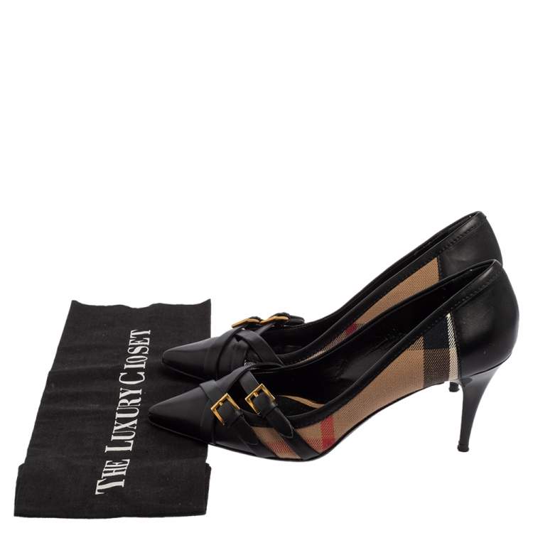 Pre Owned Burberry Black/Beige Nova check Canvas And Leather Pumps Size 38