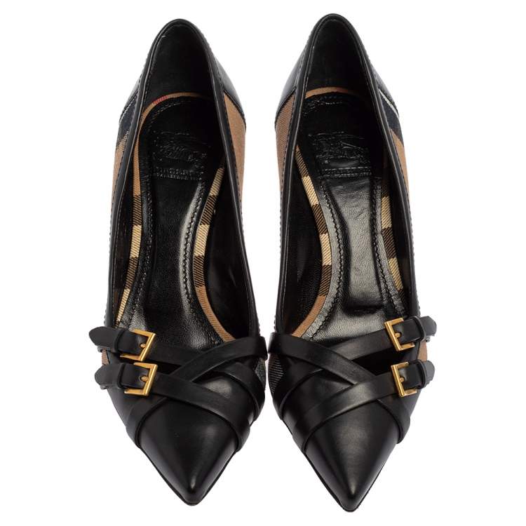 Pre Owned Burberry Black/Beige Nova check Canvas And Leather Pumps Size 38