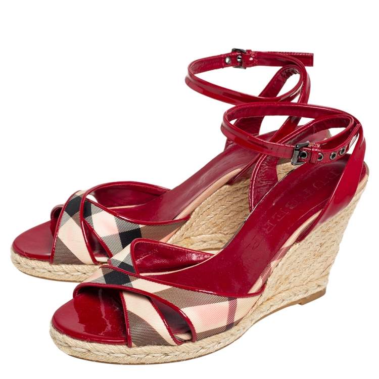 Pre Owned Burberry Red/Beige Nova Check Canvas and Patent Leather Cross Strap Espadrille Wedge Sandals Size 39.5