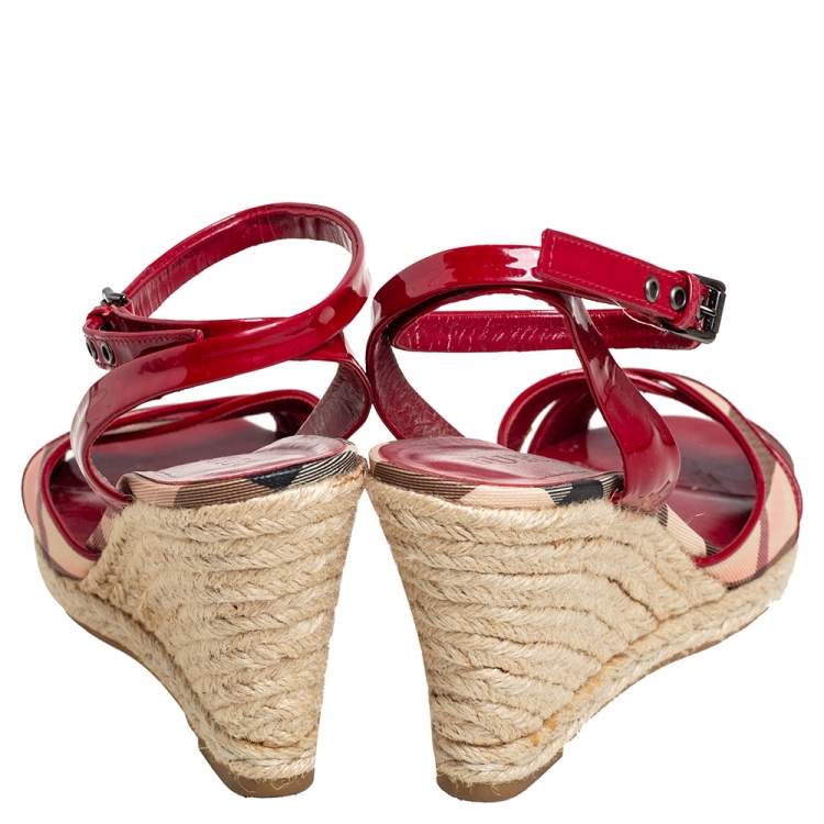 Pre Owned Burberry Red/Beige Nova Check Canvas and Patent Leather Cross Strap Espadrille Wedge Sandals Size 39.5