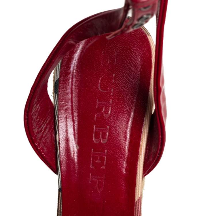 Pre Owned Burberry Red/Beige Nova Check Canvas and Patent Leather Cross Strap Espadrille Wedge Sandals Size 39.5