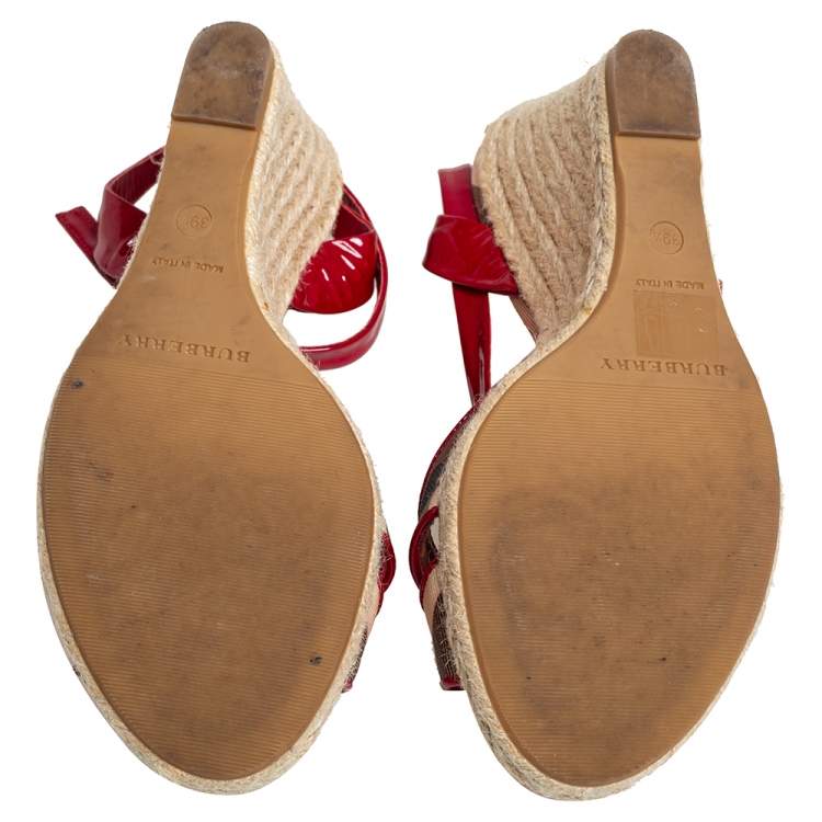 Pre Owned Burberry Red/Beige Nova Check Canvas and Patent Leather Cross Strap Espadrille Wedge Sandals Size 39.5