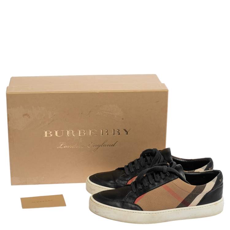 Pre Owned Burberry Black/Beige Nova Check Canvas and Leather Low Top Sneakers Size 38