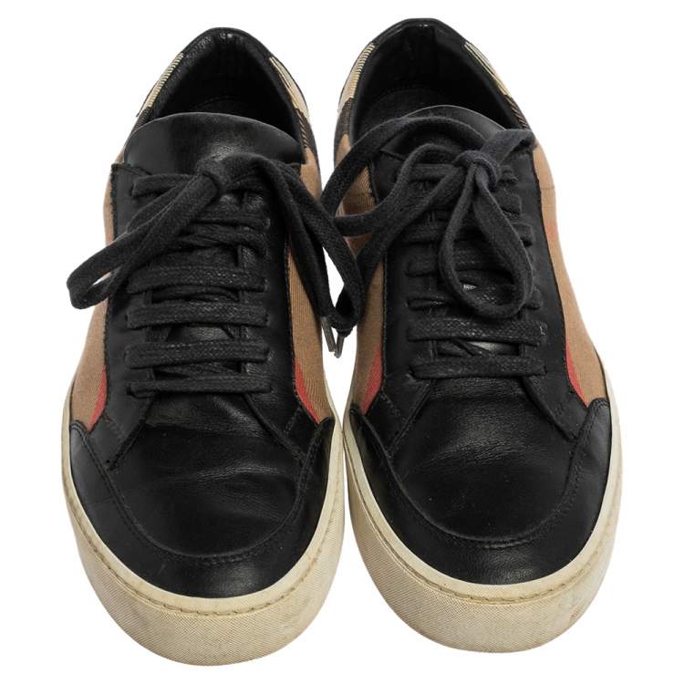 Pre Owned Burberry Black/Beige Nova Check Canvas and Leather Low Top Sneakers Size 38