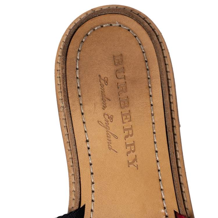 Pre Owned Burberry Red/Black Canvas Foley Logo Stripe Crisscross Slide Sandals Size 37.5