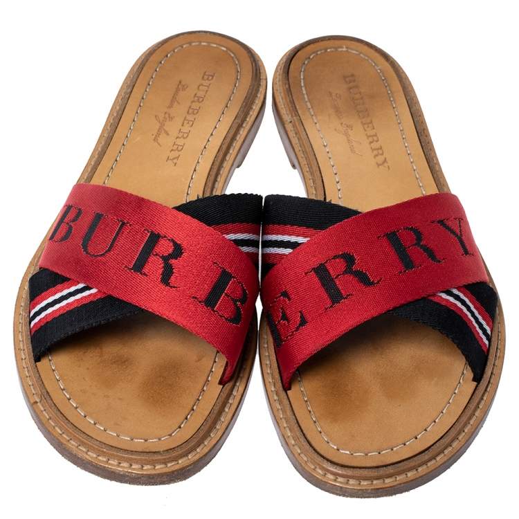 Pre Owned Burberry Red/Black Canvas Foley Logo Stripe Crisscross Slide Sandals Size 37.5