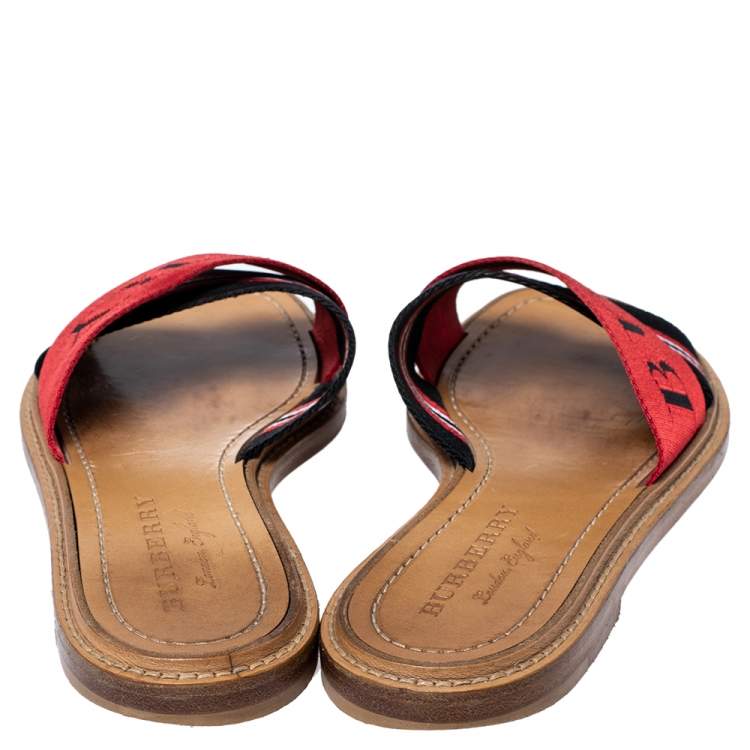 Pre Owned Burberry Red/Black Canvas Foley Logo Stripe Crisscross Slide Sandals Size 37.5