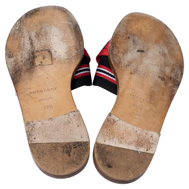 Pre Owned Burberry Red/Black Canvas Foley Logo Stripe Crisscross Slide Sandals Size 37.5