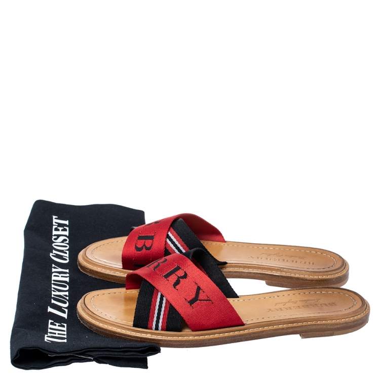 Pre Owned Burberry Red/Black Canvas Foley Logo Stripe Crisscross Slide Sandals Size 37.5