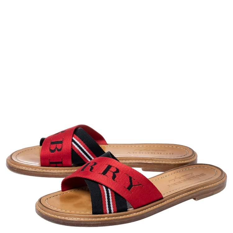 Pre Owned Burberry Red/Black Canvas Foley Logo Stripe Crisscross Slide Sandals Size 37.5