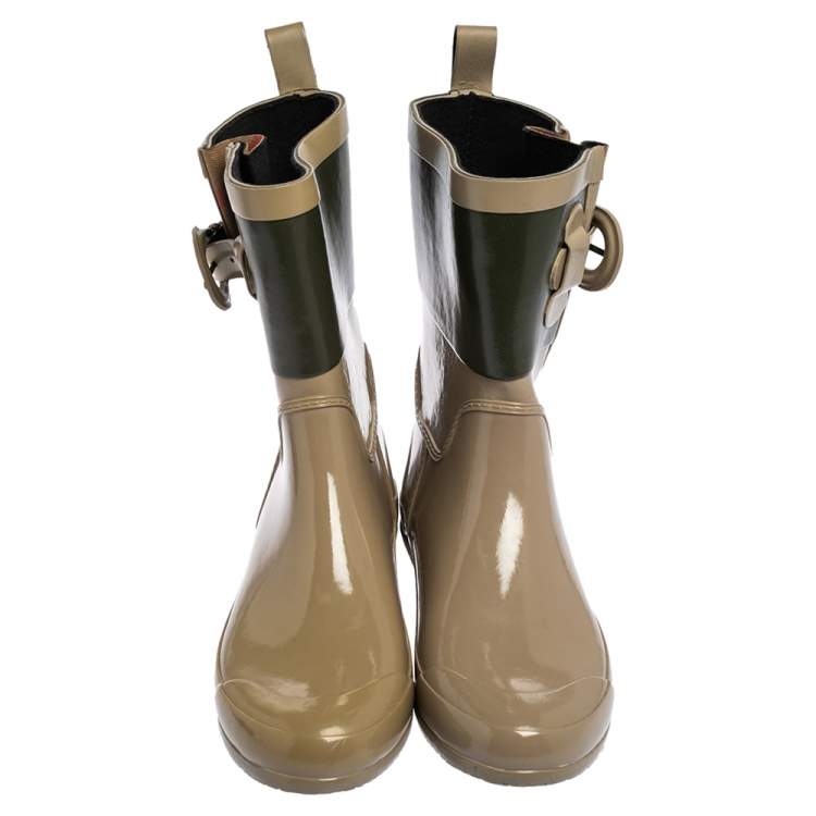 Pre Owned Burberry Green/Beige Rubber Rain Ankle Boots Size 36