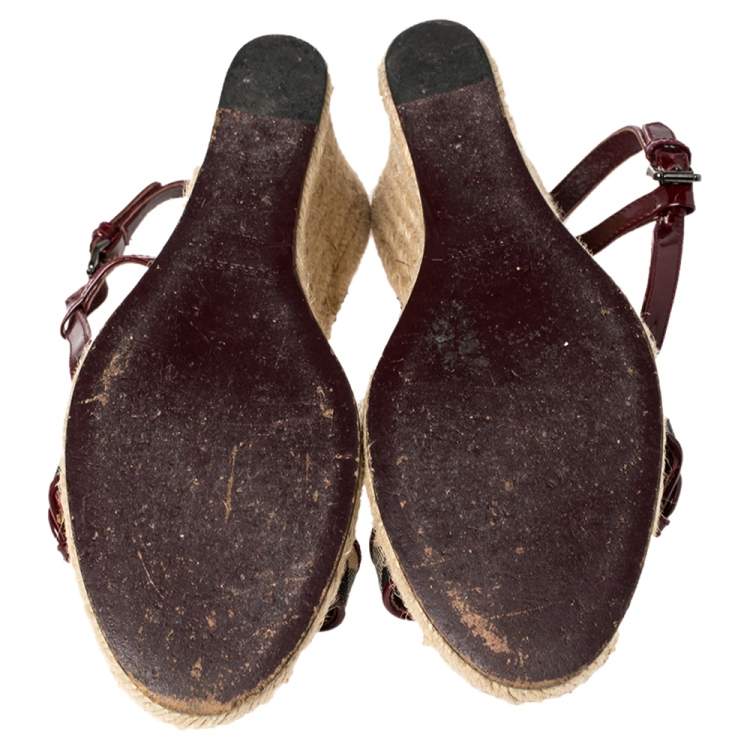 Pre Owned Burberry Burgundy Patent Leather And Nova Check Coated Canvas Wedge Espadrille Sandals Size 37