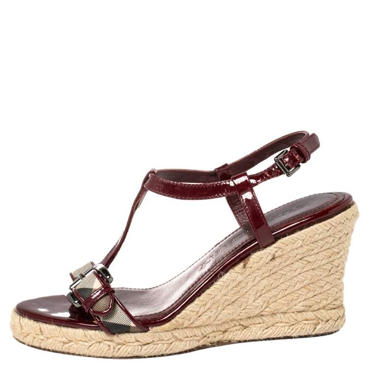 Pre Owned Burberry Burgundy Patent Leather And Nova Check Coated Canvas Wedge Espadrille Sandals Size 37
