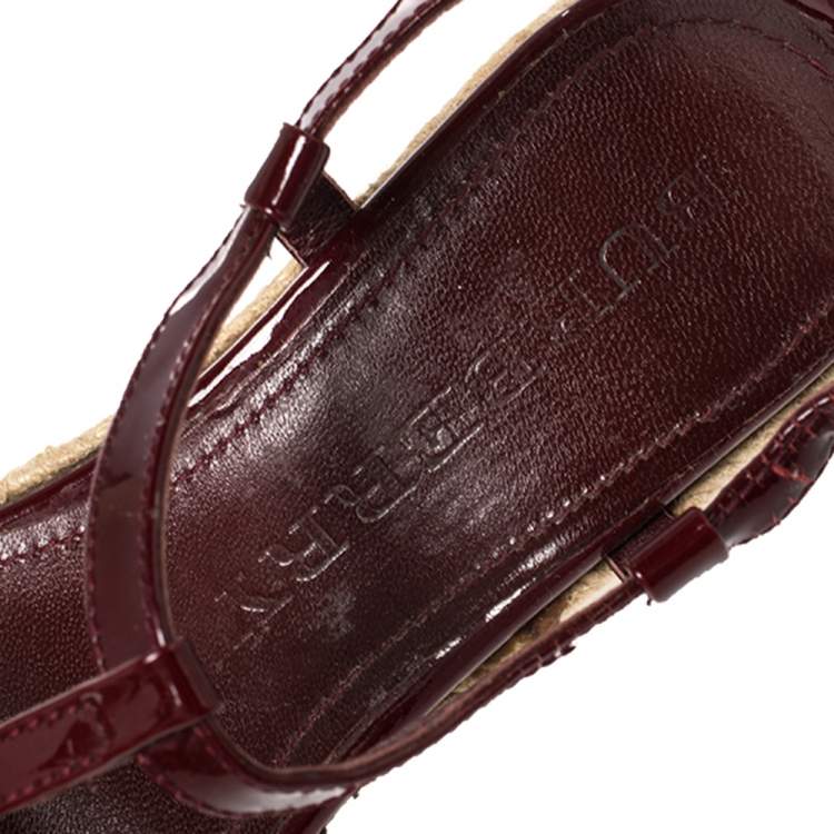 Pre Owned Burberry Burgundy Patent Leather And Nova Check Coated Canvas Wedge Espadrille Sandals Size 37