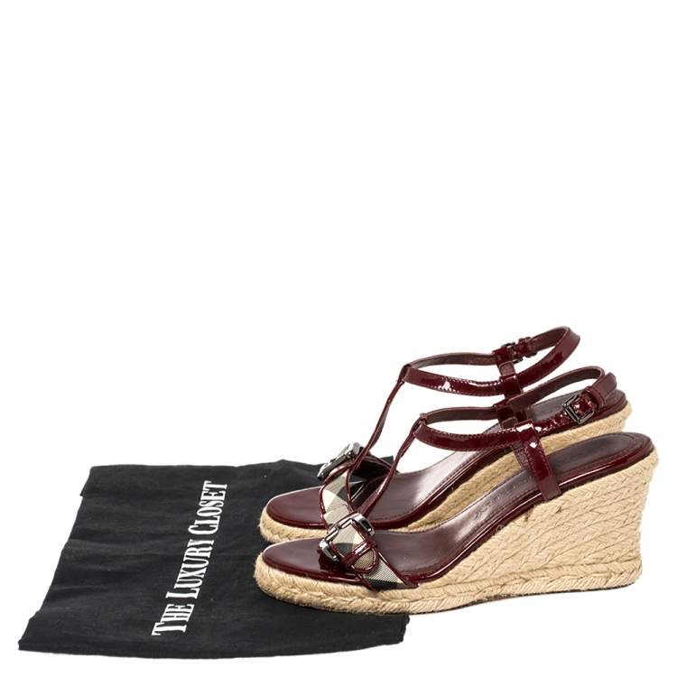 Pre Owned Burberry Burgundy Patent Leather And Nova Check Coated Canvas Wedge Espadrille Sandals Size 37
