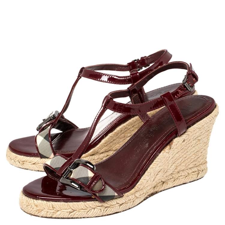 Pre Owned Burberry Burgundy Patent Leather And Nova Check Coated Canvas Wedge Espadrille Sandals Size 37