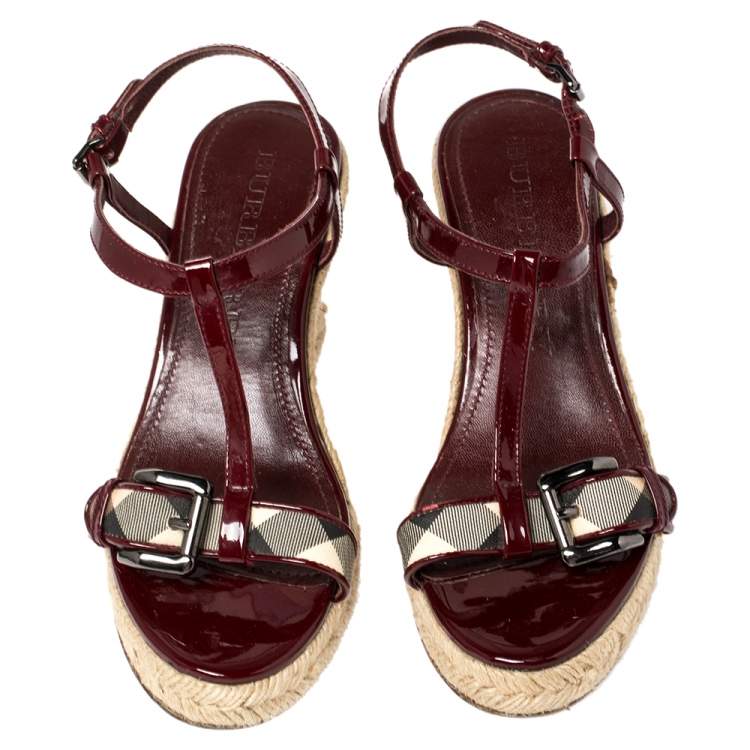 Pre Owned Burberry Burgundy Patent Leather And Nova Check Coated Canvas Wedge Espadrille Sandals Size 37