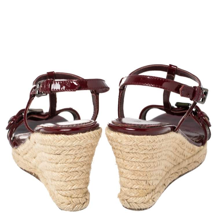 Pre Owned Burberry Burgundy Patent Leather And Nova Check Coated Canvas Wedge Espadrille Sandals Size 37