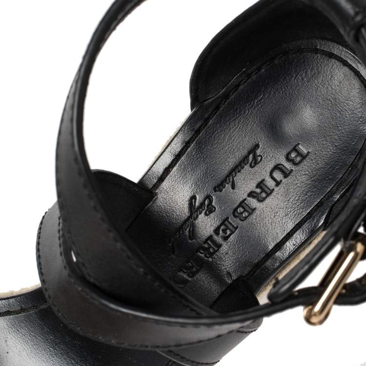 Pre Owned Burberry Black Leather And Nova Check Canvas Wedge Platform Espadrille Sandals Size 38.5