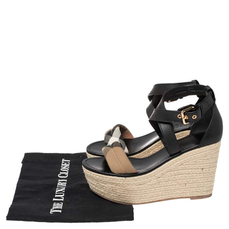 Pre Owned Burberry Black Leather And Nova Check Canvas Wedge Platform Espadrille Sandals Size 38.5