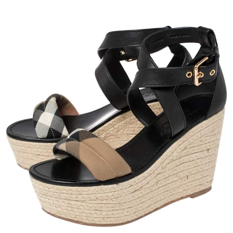 Pre Owned Burberry Black Leather And Nova Check Canvas Wedge Platform Espadrille Sandals Size 38.5