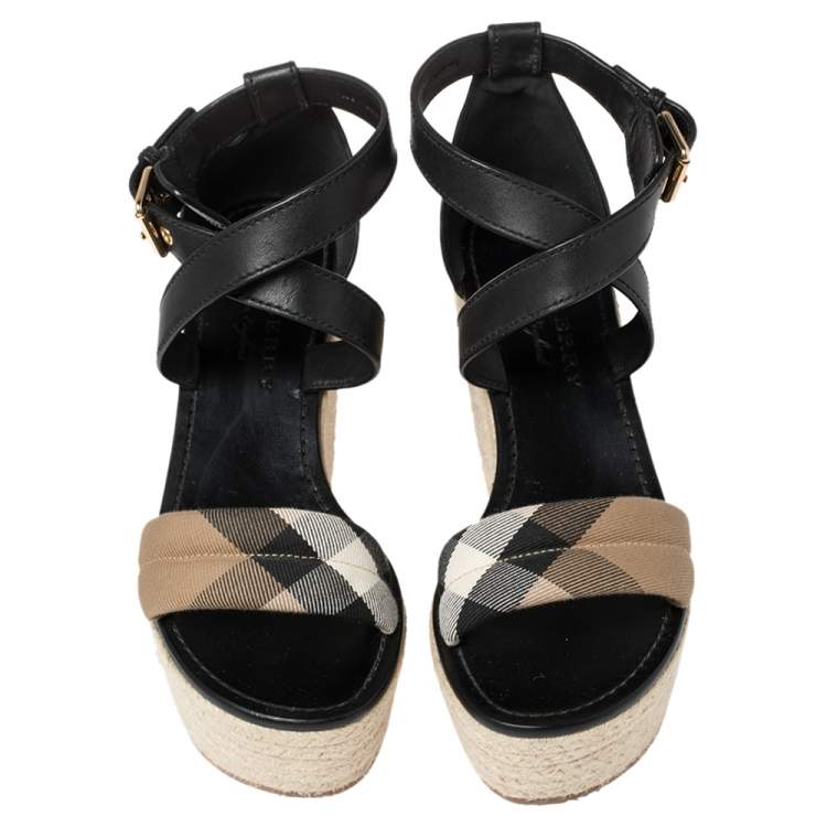 Pre Owned Burberry Black Leather And Nova Check Canvas Wedge Platform Espadrille Sandals Size 38.5