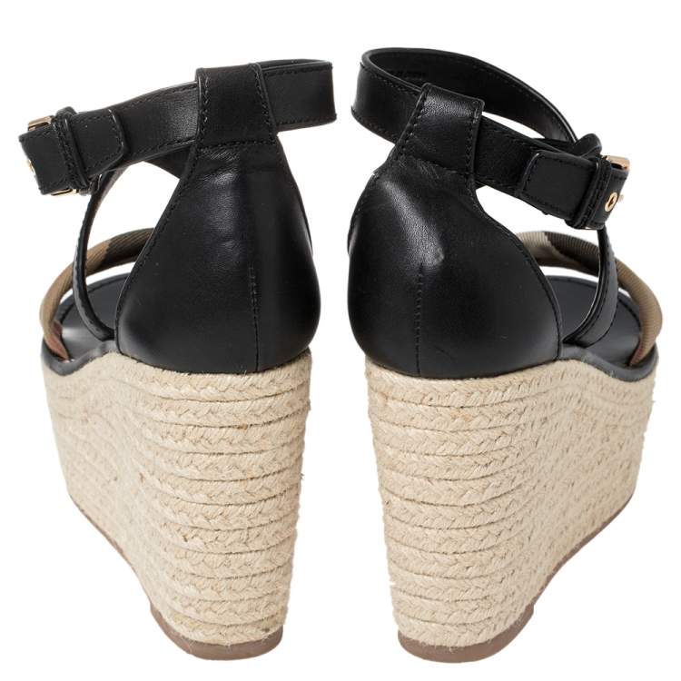 Pre Owned Burberry Black Leather And Nova Check Canvas Wedge Platform Espadrille Sandals Size 38.5