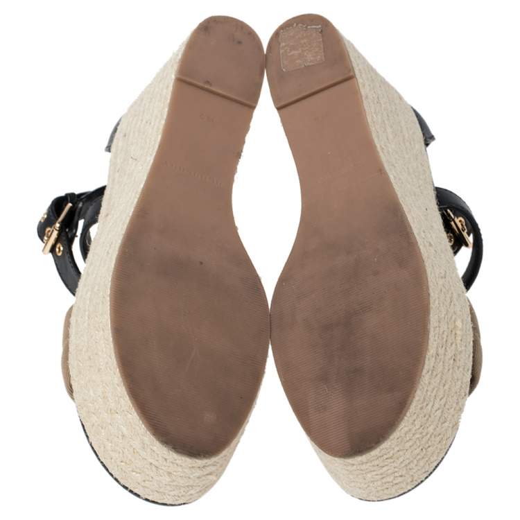 Pre Owned Burberry Black Leather And Nova Check Canvas Wedge Platform Espadrille Sandals Size 38.5