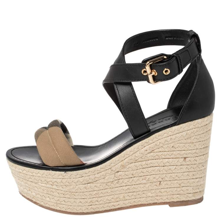 Pre Owned Burberry Black Leather And Nova Check Canvas Wedge Platform Espadrille Sandals Size 38.5