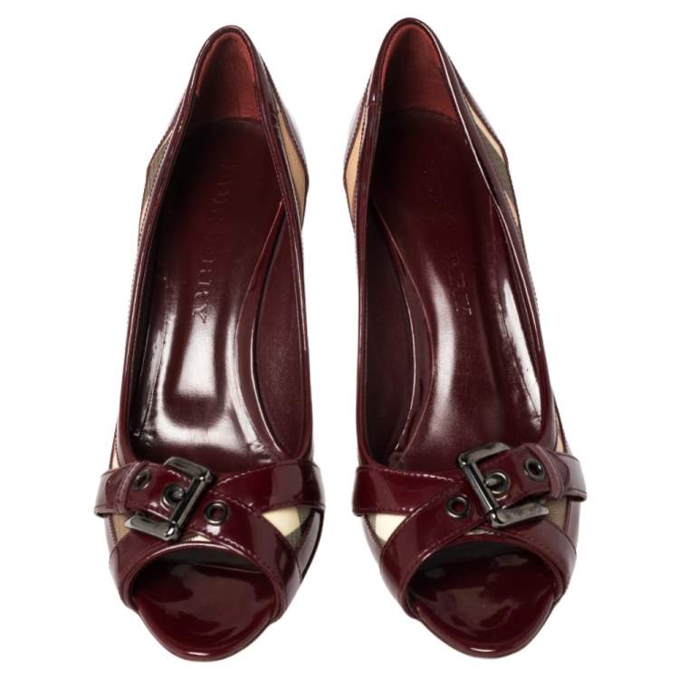Pre Owned Burberry Burgundy Patent Leather And Nova Check Canvas Buckle Detail Peep Toe Pumps Size 40