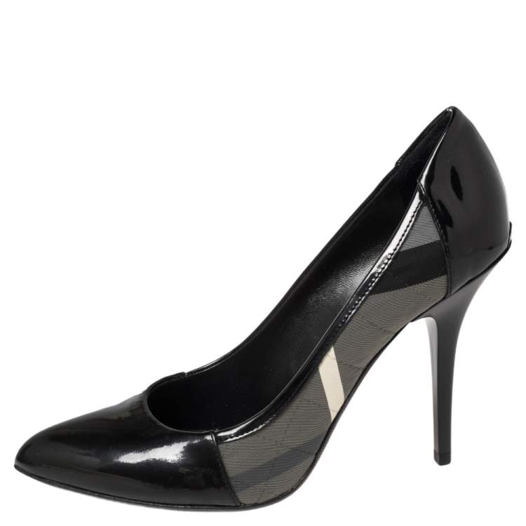 Pre Owned Burberry Black Nova Check Fabric And Patent Leather Pointed Toe Pumps Size 39.5