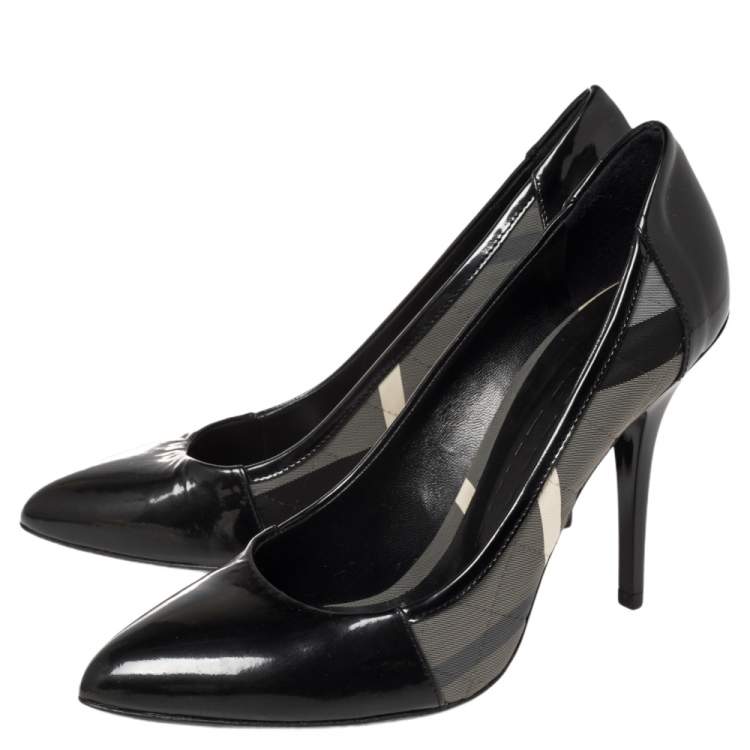 Pre Owned Burberry Black Nova Check Fabric And Patent Leather Pointed Toe Pumps Size 39.5