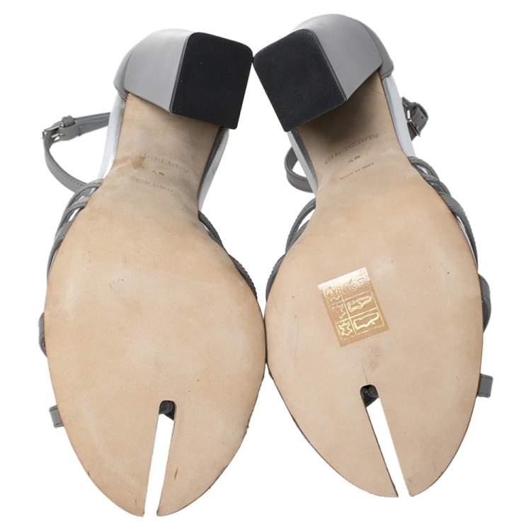 Pre Owned Burberry Cloud Grey Leather Hove Heel Ankle Strap Sandals Size 40
