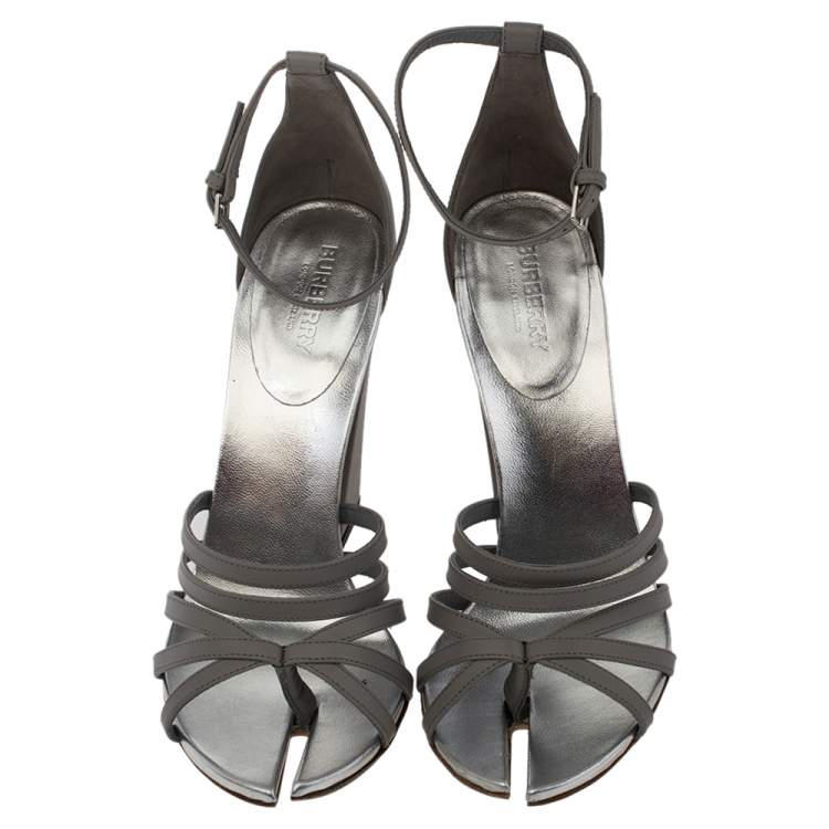Pre Owned Burberry Cloud Grey Leather Hove Heel Ankle Strap Sandals Size 40
