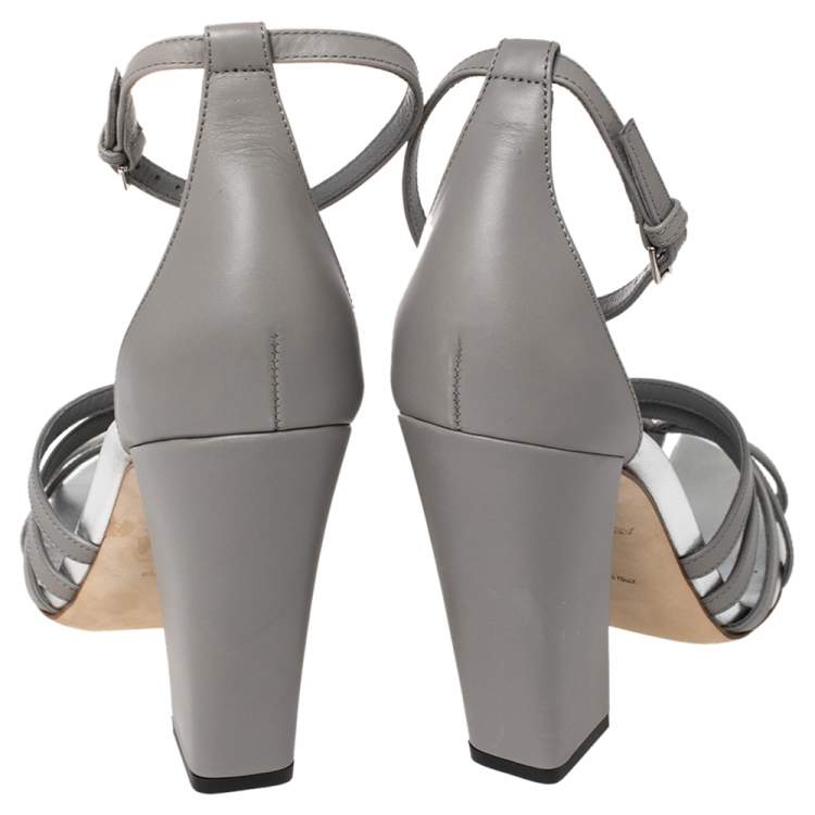 Pre Owned Burberry Cloud Grey Leather Hove Heel Ankle Strap Sandals Size 40