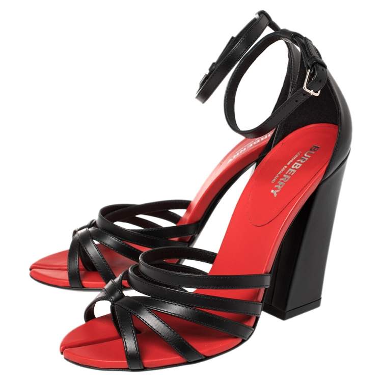 Pre Owned Burberry Black/Red Leather Hove Heel Ankle Strap Sandals Size 37