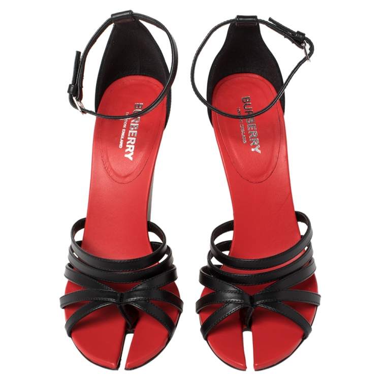 Pre Owned Burberry Black/Red Leather Hove Heel Ankle Strap Sandals Size 37