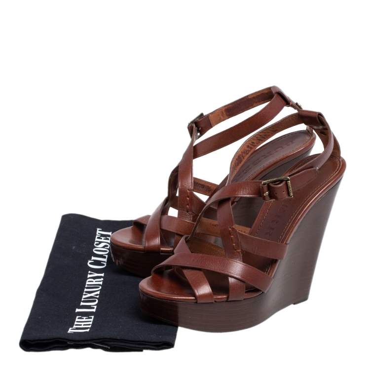 Pre Owned Burberry Brown Leather Strappy Clog Wedge Platform Sandals Size 38