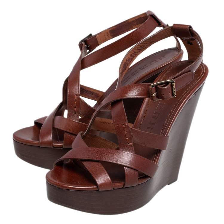 Pre Owned Burberry Brown Leather Strappy Clog Wedge Platform Sandals Size 38
