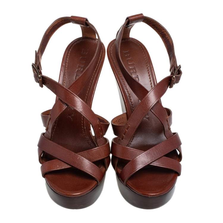 Pre Owned Burberry Brown Leather Strappy Clog Wedge Platform Sandals Size 38