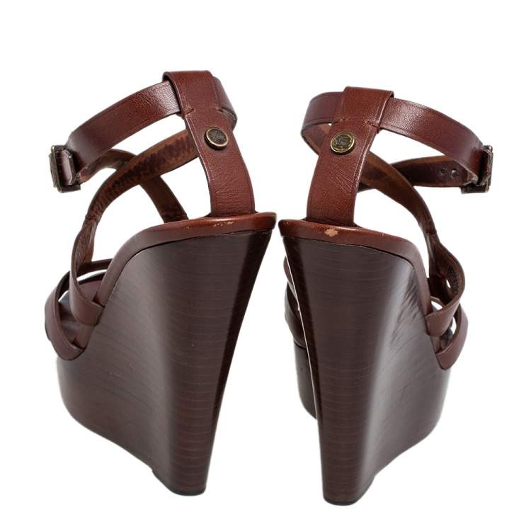 Pre Owned Burberry Brown Leather Strappy Clog Wedge Platform Sandals Size 38