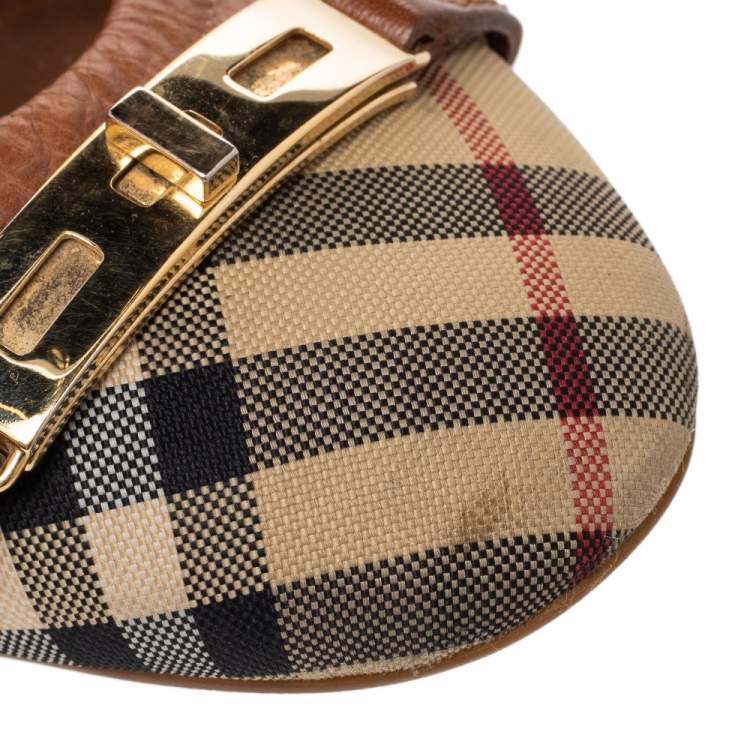 Pre Owned Burberry Brown Coated Canvas & Leather Ballet Flats Size 40