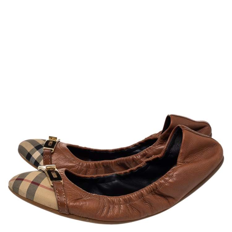 Pre Owned Burberry Brown Coated Canvas & Leather Ballet Flats Size 40
