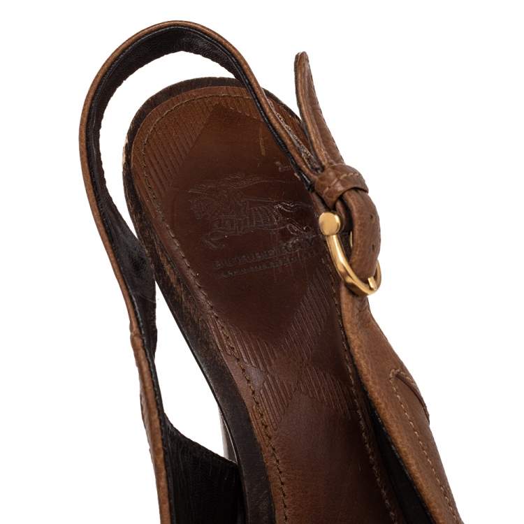 Pre Owned Burberry Brown Leather Buckle Detail Platform Slingback Sandals Size 38