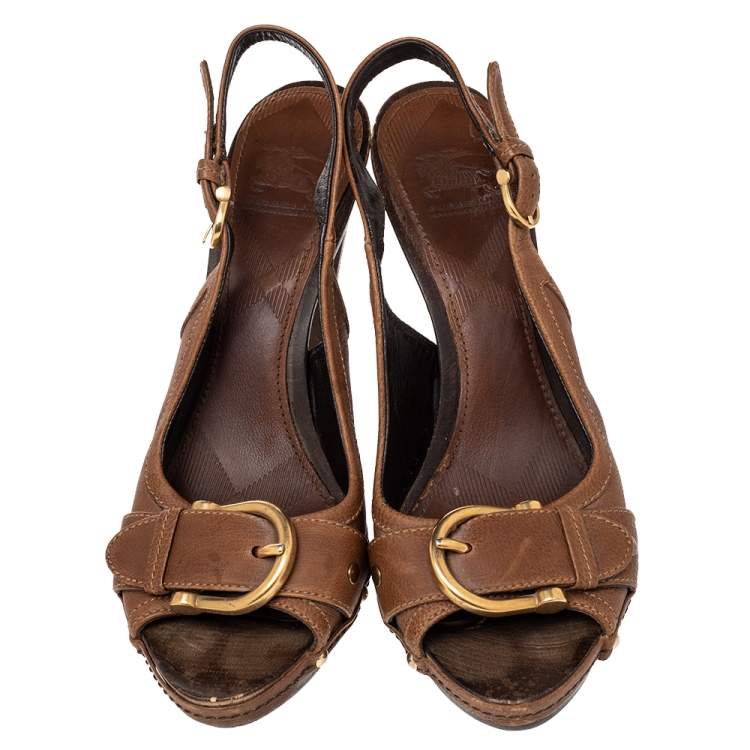 Pre Owned Burberry Brown Leather Buckle Detail Platform Slingback Sandals Size 38
